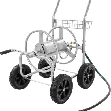 VEVOR Hose Reel Cart, Hold Up to 300 ft of 5/8’’ Hose, Garden Water Hose Carts Mobile Tools with 4 Wheels, Heavy Duty Powder-Coated Steel Outdoor Planting with Storage Basket, for Garden, Yard, Lawn
